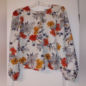 Floral Long-Sleeve Blouse in White with Red & Mustard Flowers